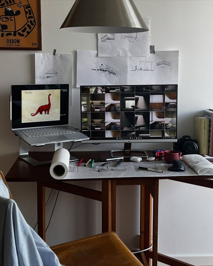 Studio desk with laptop, monitor and sketches
